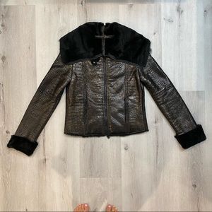 Alice + Olivia, black shearling moto jacket, size XS